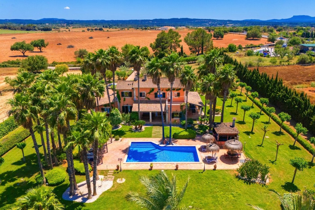 Aerial view of the house, pool and palm garden